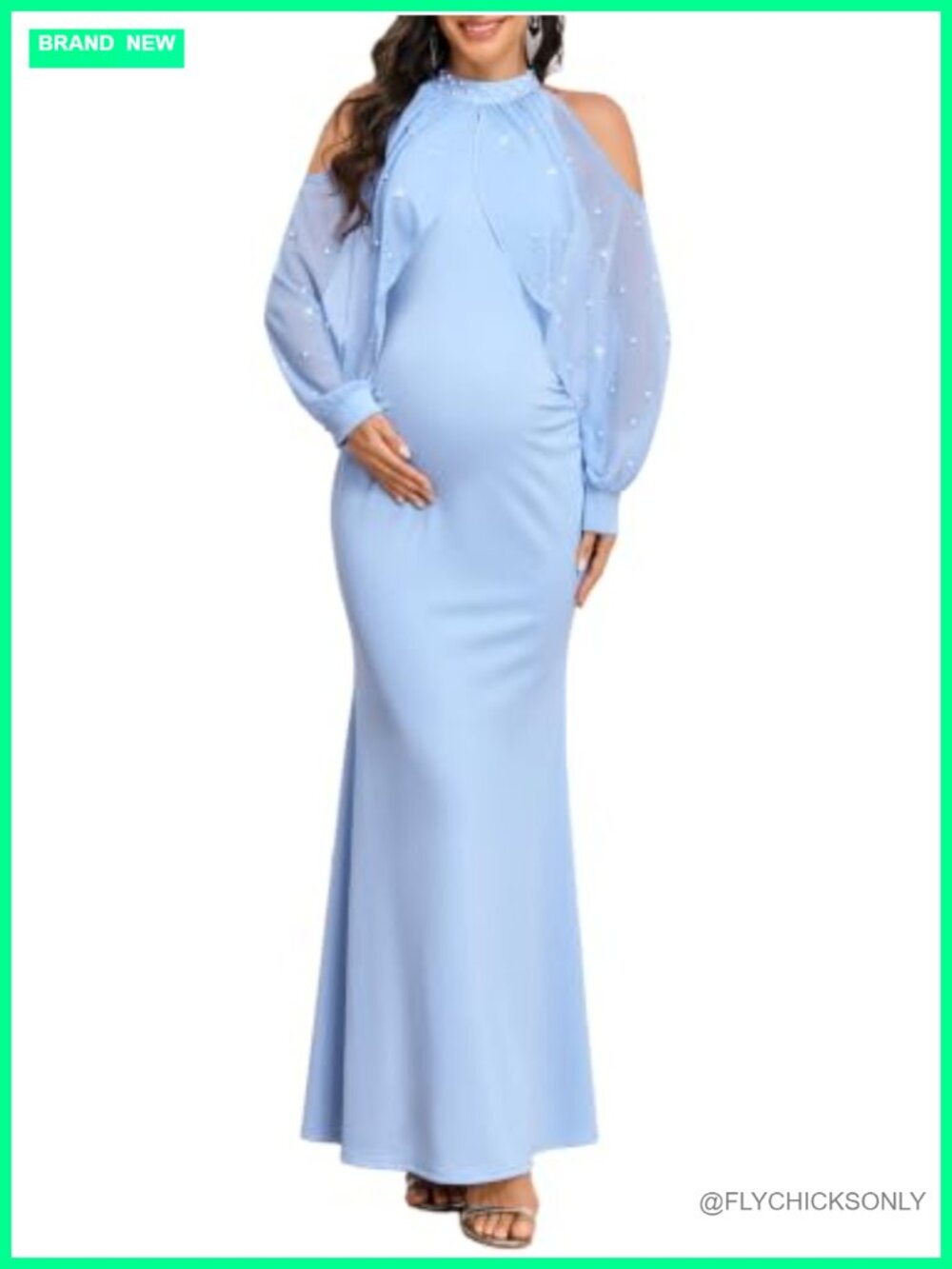 Maternity Mermaid Maxi Dress Pearl Rhinestone Chiffon Halter Baby Shower Formal